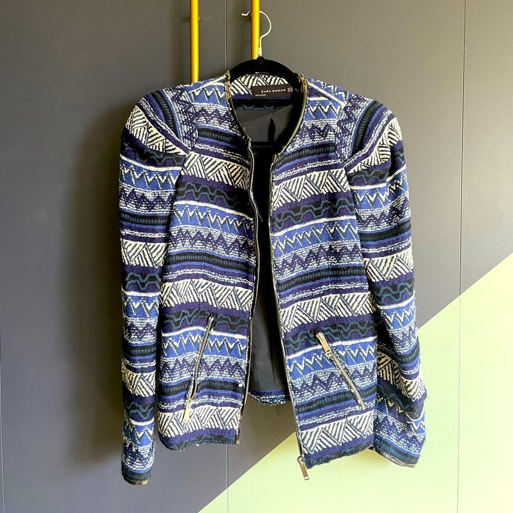 Zara Woman blue tweed patterned collarless zip front jacket XS